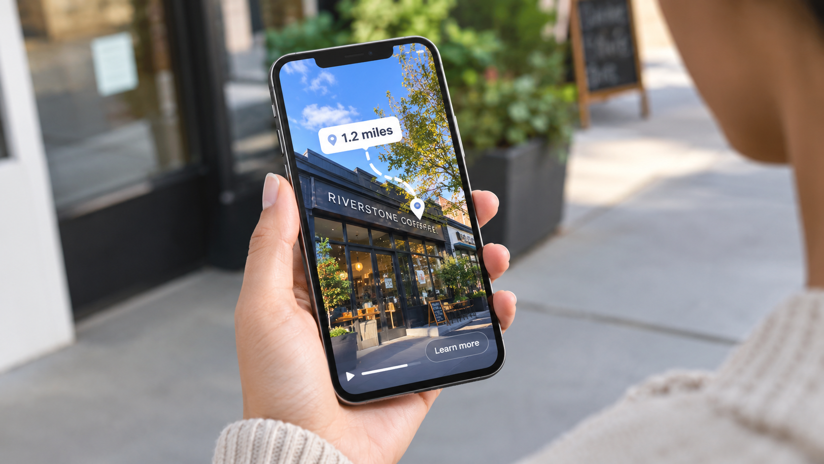 AI Image Prompt: Close-up of a smartphone displaying a vertical video ad with a map sticker showing distance in miles to a local business, held by a customer standing outside. Crisp modern style.