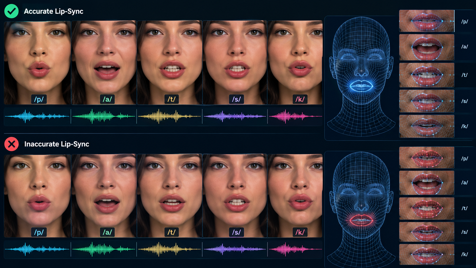 AI Image Prompt: Close-up comparison of digital human lip-sync accuracy showing side-by-side mouth movement articulation frames against phoneme audio triggers in high detail, technical 3D wireframe overlay.