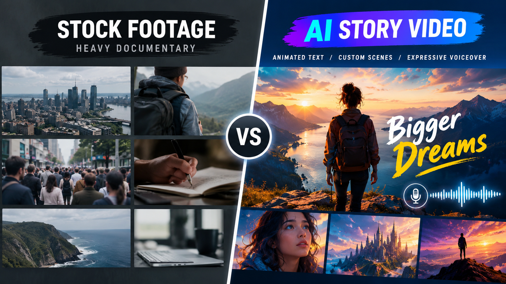AI Image Prompt: Split comparison illustrating a stock-footage heavy documentary video clip versus a dynamic, stylized AI story video with animated typography, custom generated visual scenes, and expressive voiceover soundwaves. Modern minimalist graphic, clean contrast.