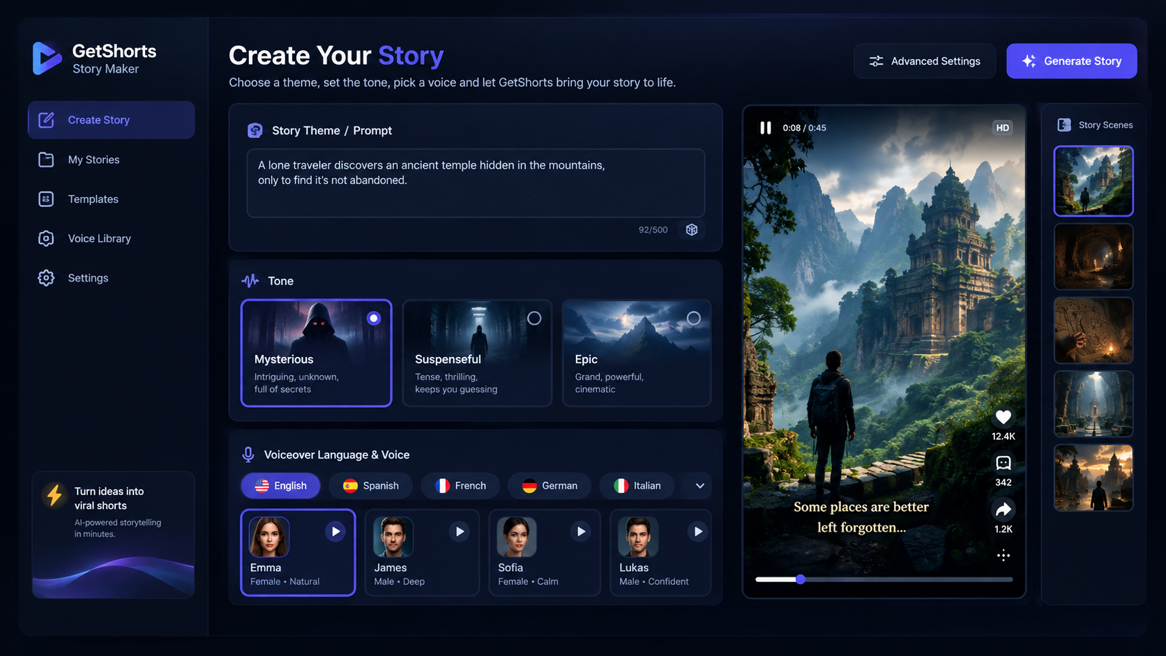 AI Image Prompt: High-tech studio interface showcasing the GetShorts Story Maker panel. Displays story theme prompts, tone selectors (mysterious, suspenseful, epic), multi-language voiceover selector cards, and live vertical video preview. Modern sleek dark mode dashboard with indigo accents.