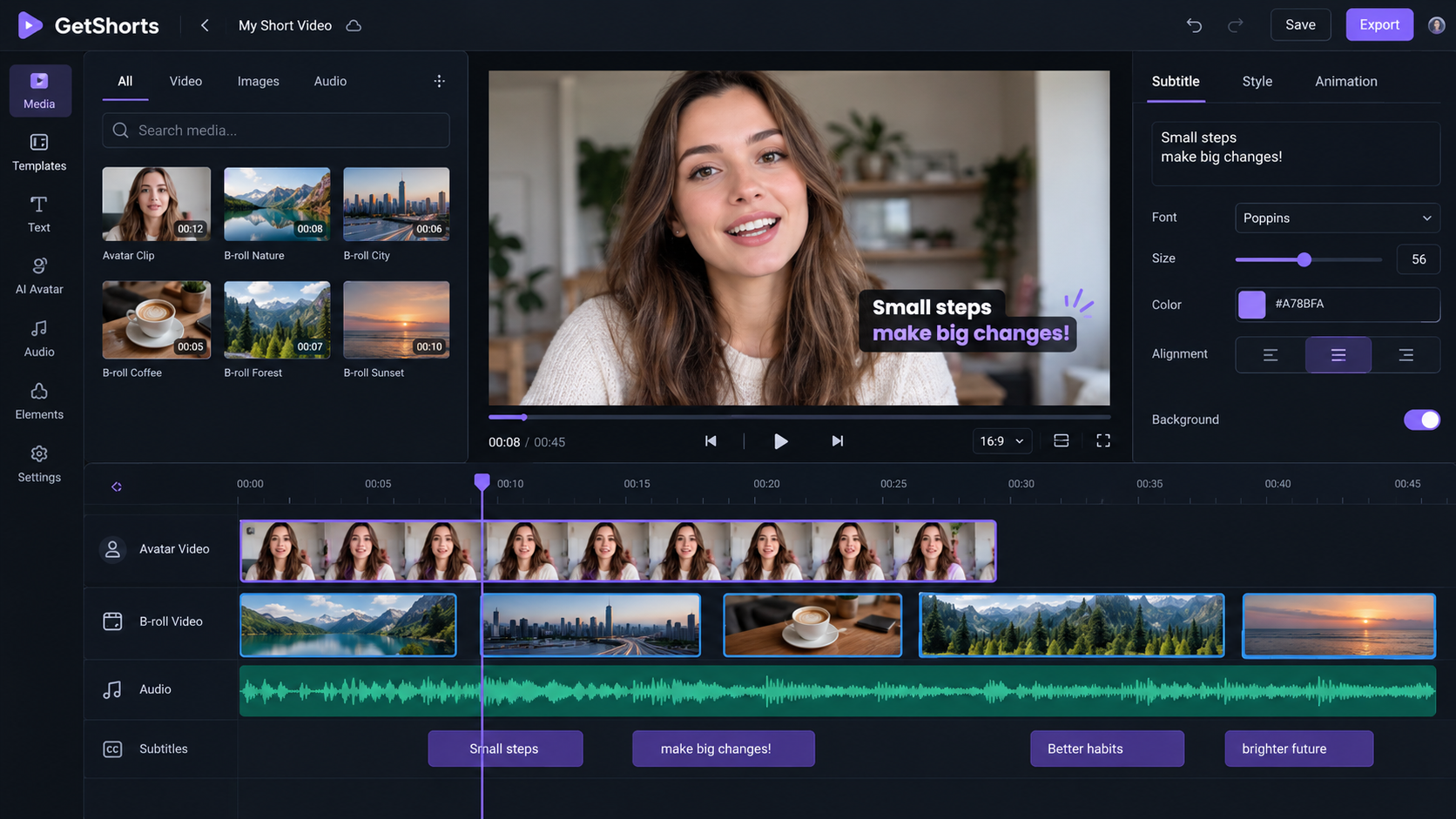 AI Image Prompt: Close-up of GetShorts multi-track timeline video editor interface on a desktop screen, showcasing avatar video track, B-roll cutaway track, audio waveform track, and dynamic subtitle overlays. Sleek modern software UI.