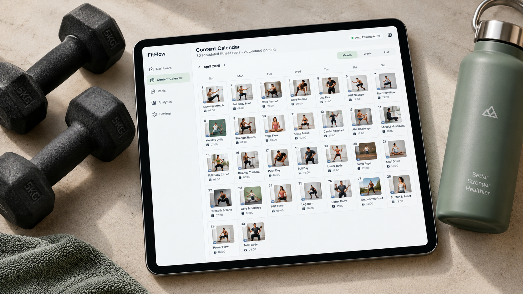 AI Image Prompt: Sleek content calendar dashboard on a tablet showing 30 scheduled vertical fitness reels ready for automated posting, flanked by dumbbells and a sports water bottle, clean modern studio aesthetic.