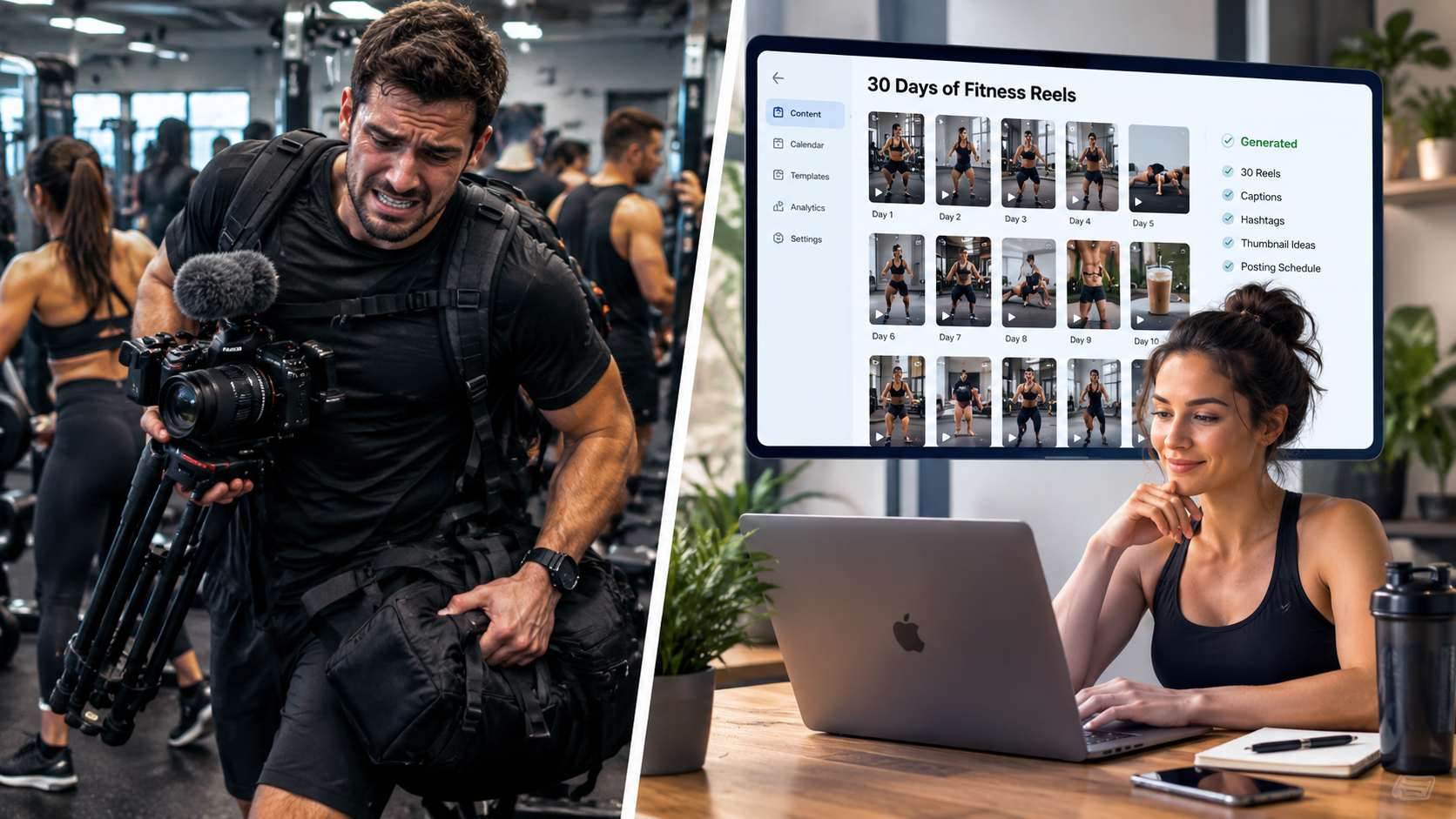 AI Image Prompt: Split-screen visual contrast showing a stressed personal trainer struggling with heavy camera gear in a crowded gym versus a relaxed fitness coach using a sleek laptop dashboard to generate 30 days of fitness reels, clean aesthetic styling.