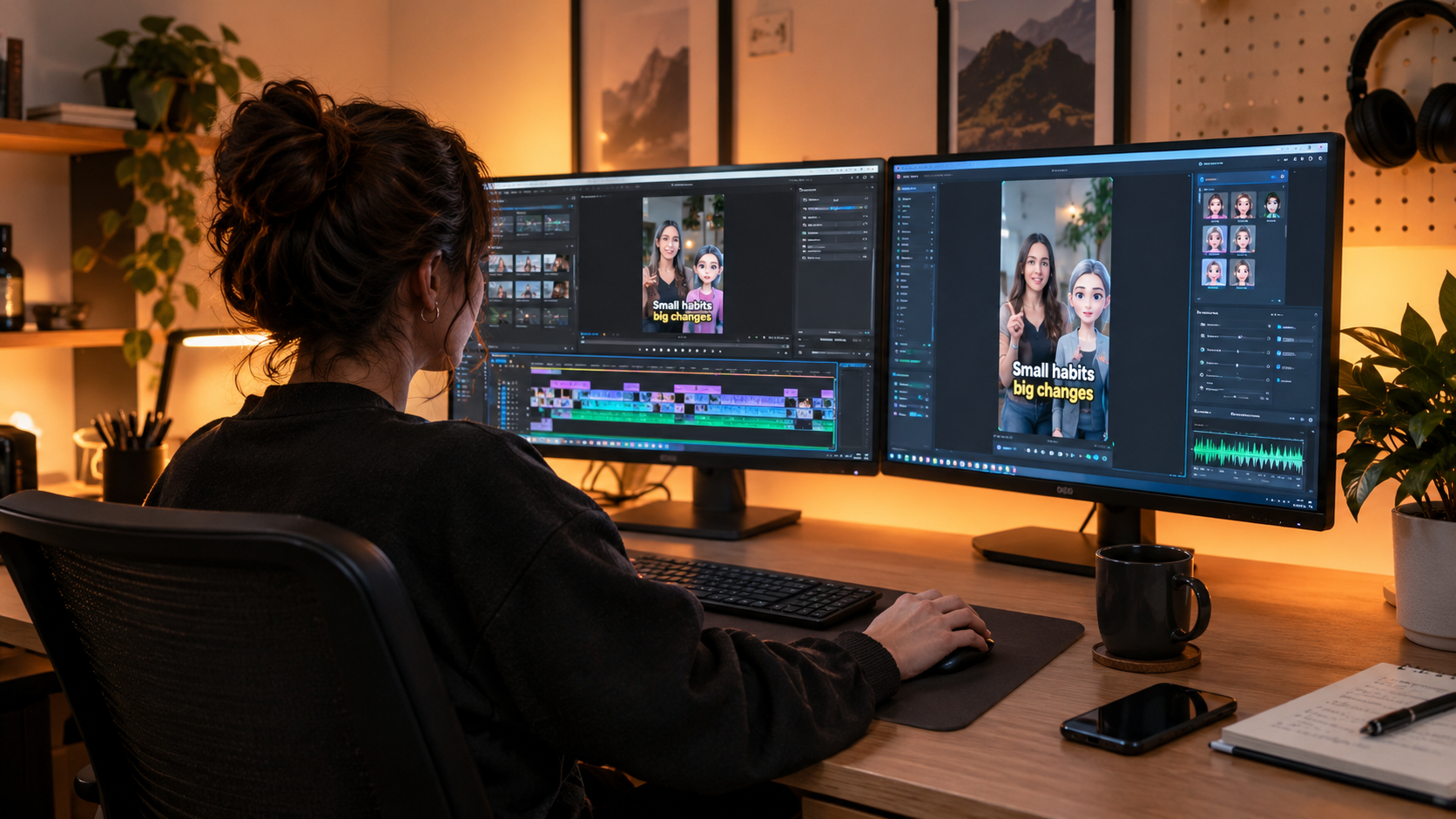 A high-resolution photo of a creator sitting at a clean minimalist desk with dual monitors, editing a vertical 9:16 viral video ad with dynamic captions and AI avatar layers, glowing warm backlights, professional creative workspace.