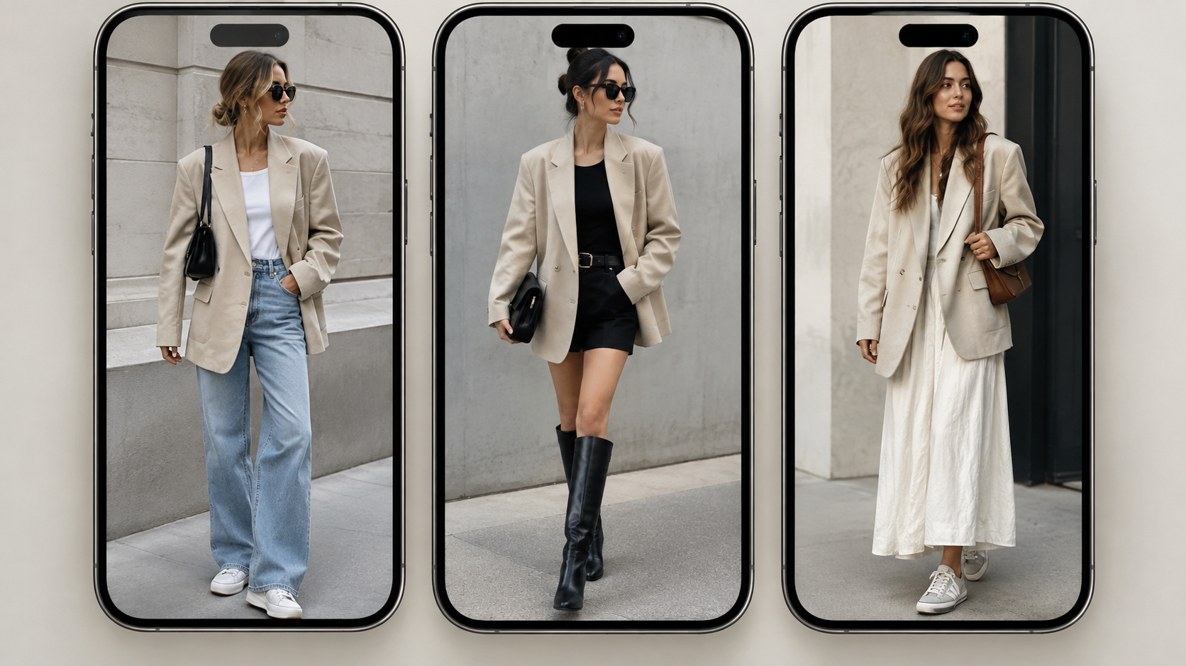 Split vertical mobile phone mockup displaying three different styling variations of an oversized beige blazer on different fashion creators against minimalist urban backgrounds, ultra detailed
