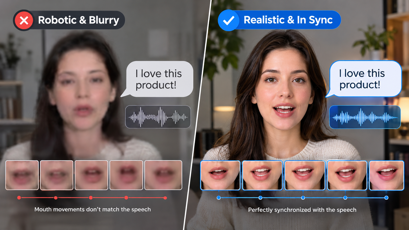 Split-screen visual comparison: left side showing flawed, blurry robotic lip sync with mismatched speech bubbles, right side showing sharp, photorealistic AI avatar with perfect mouth articulation matching dynamic speech waveforms, modern UI layout.