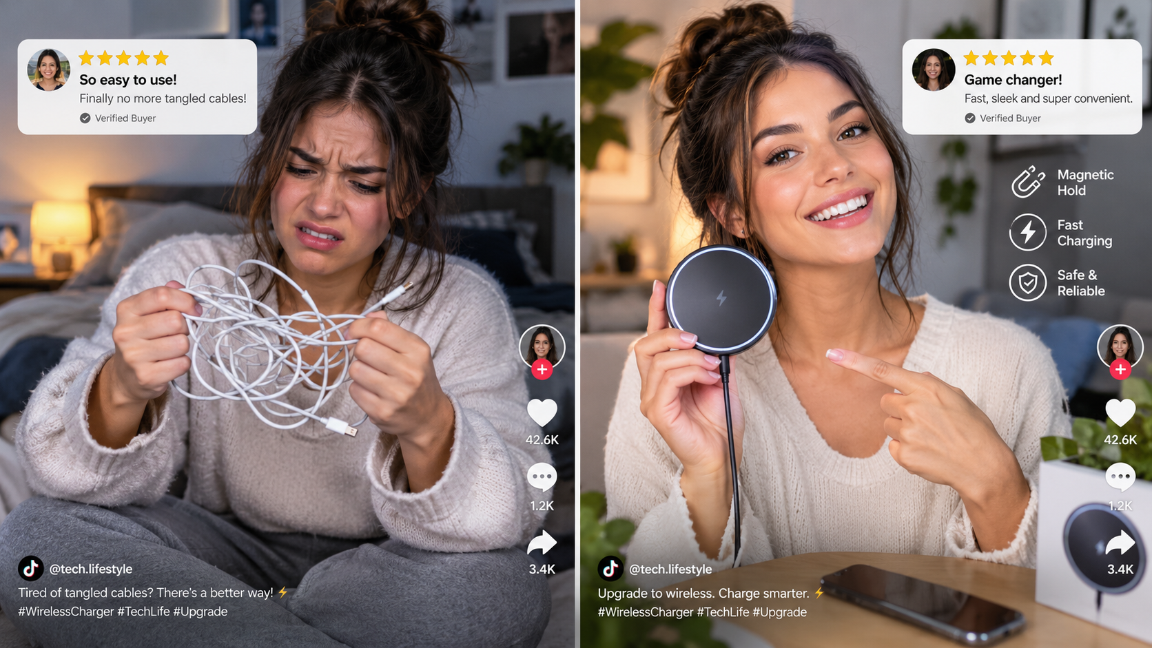 A split-screen mockup of a mobile TikTok ad. On the left, an AI avatar looking frustrated while struggling with a tangled charging cable. On the right, the same avatar smiling confidently holding a sleek magnetic wireless charger. Clean social media overlays with five-star customer review badges.