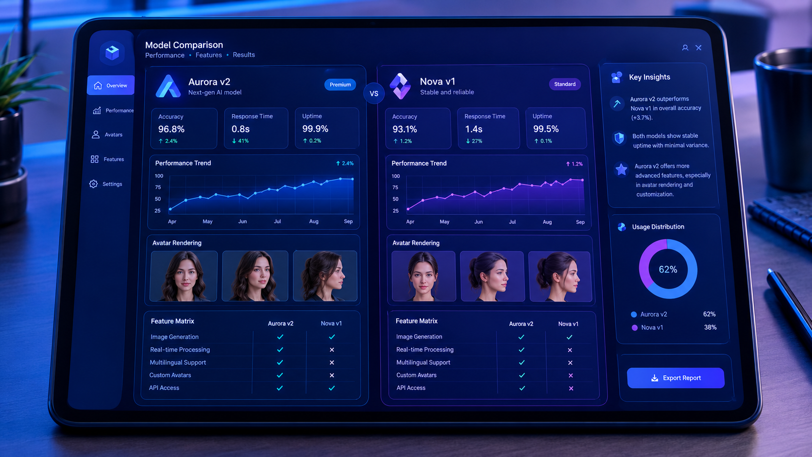A high-tech side-by-side comparison chart dashboard displayed on a futuristic tablet, showing data points, performance graphs, avatar rendering previews, and feature matrices, deep blue and electric violet theme, clean minimal graphics.