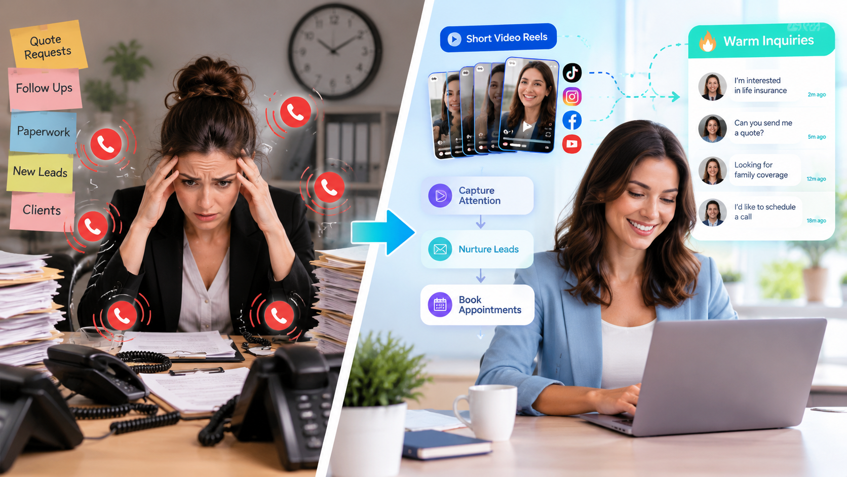 A modern split-screen concept diagram showing a stressed insurance agent overwhelmed by ringing phones and stacks of paperwork on the left, contrasted with an automated digital marketing pipeline on the right generating warm client inquiries through short video reels, clean infographic style.