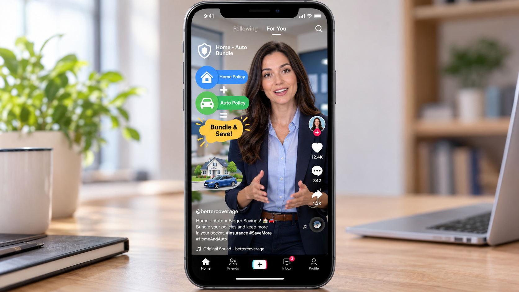 A smartphone mockup showing a vertical TikTok video reel where a professional insurance advisor in business casual attire uses animated graphic callouts to explain home and auto policy bundling savings, clean social media UI overlay, crisp studio quality.