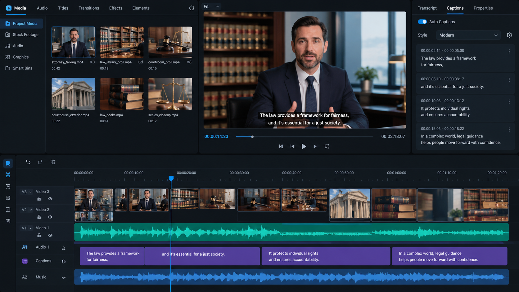 A sleek digital editing workstation interface showing timeline tracks with a professional attorney avatar speaking, legal b-roll clips of law libraries, and auto-caption tracks, dark mode UI, photorealistic