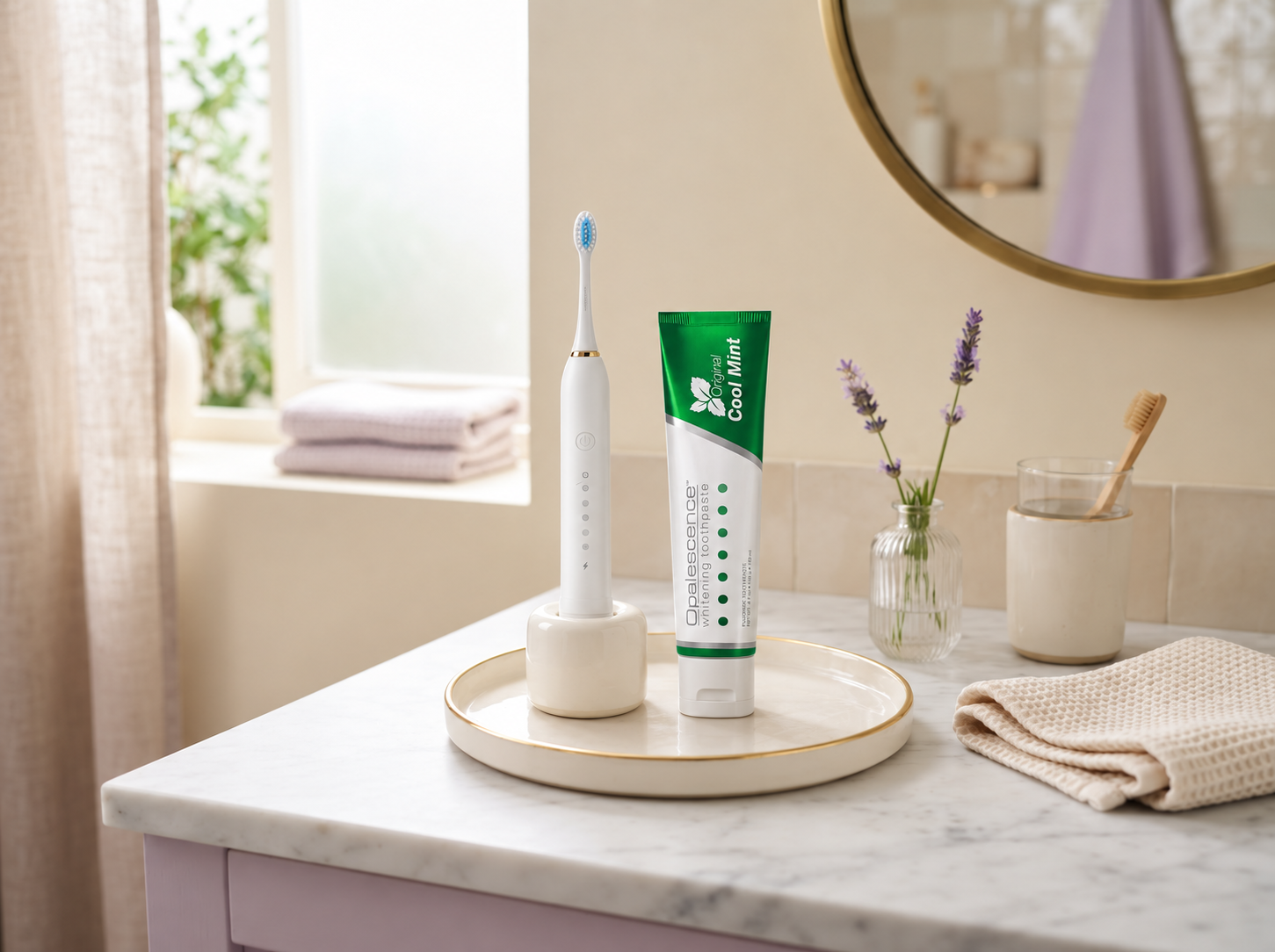 Clean bathroom counter with oral-care essentials