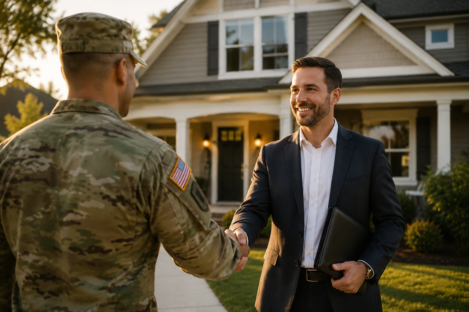 Veteran with mortgage professional in front of new home