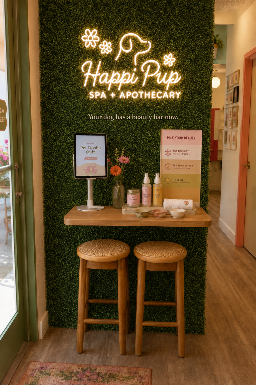 The Happi Pup beauty bar station with the Dog Dosha Quiz tablet and Ojara ritual products