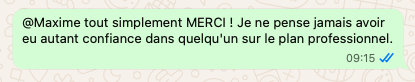 Capture d'écran WhatsApp d'un message client