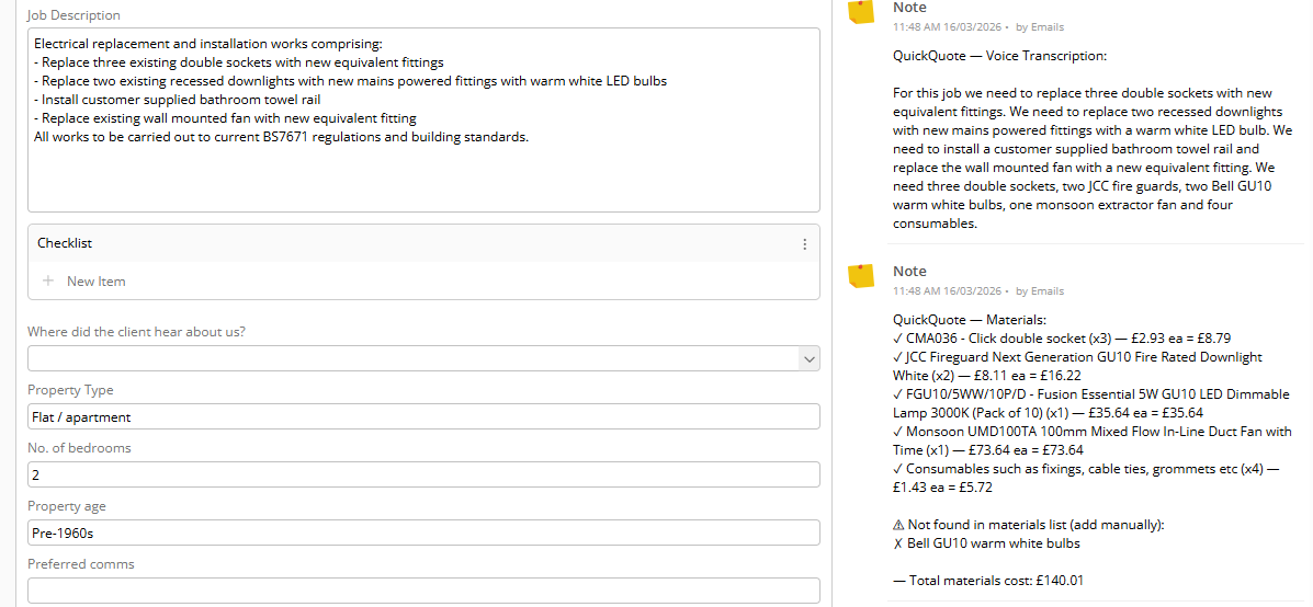 ServiceM8 materials list populated by QuickQuote
