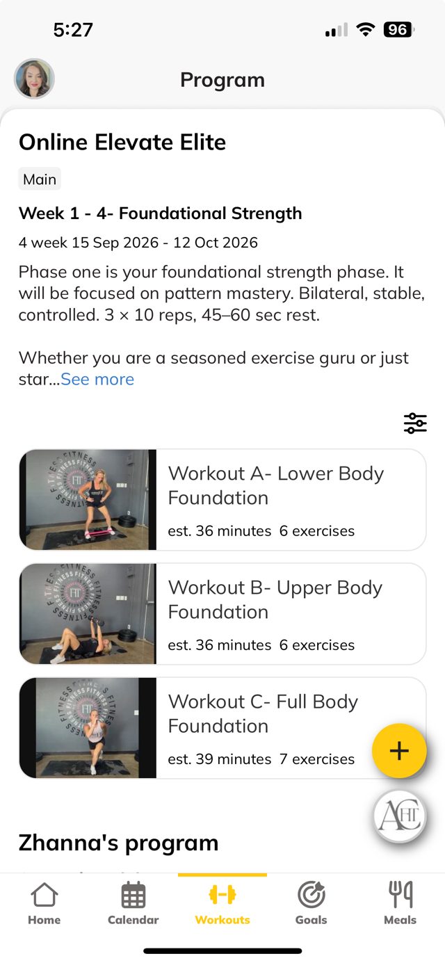 Elevate Elite app program screen showing Phase 1 Foundational Strength workouts
