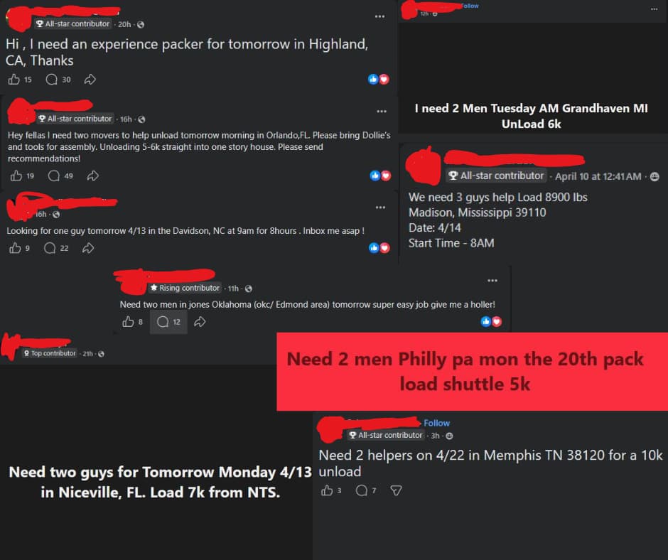 Real Facebook posts showing random moving labor being recruited