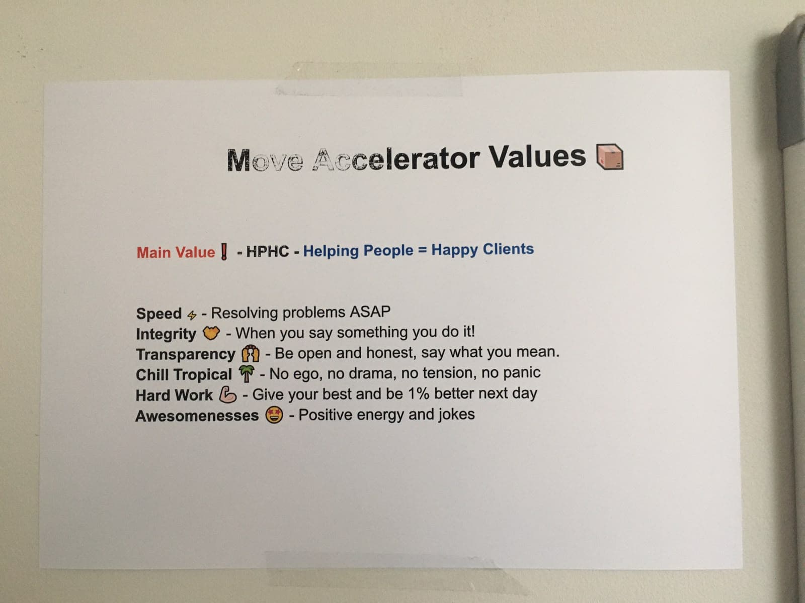 Move Accelerator core company values written on the wall