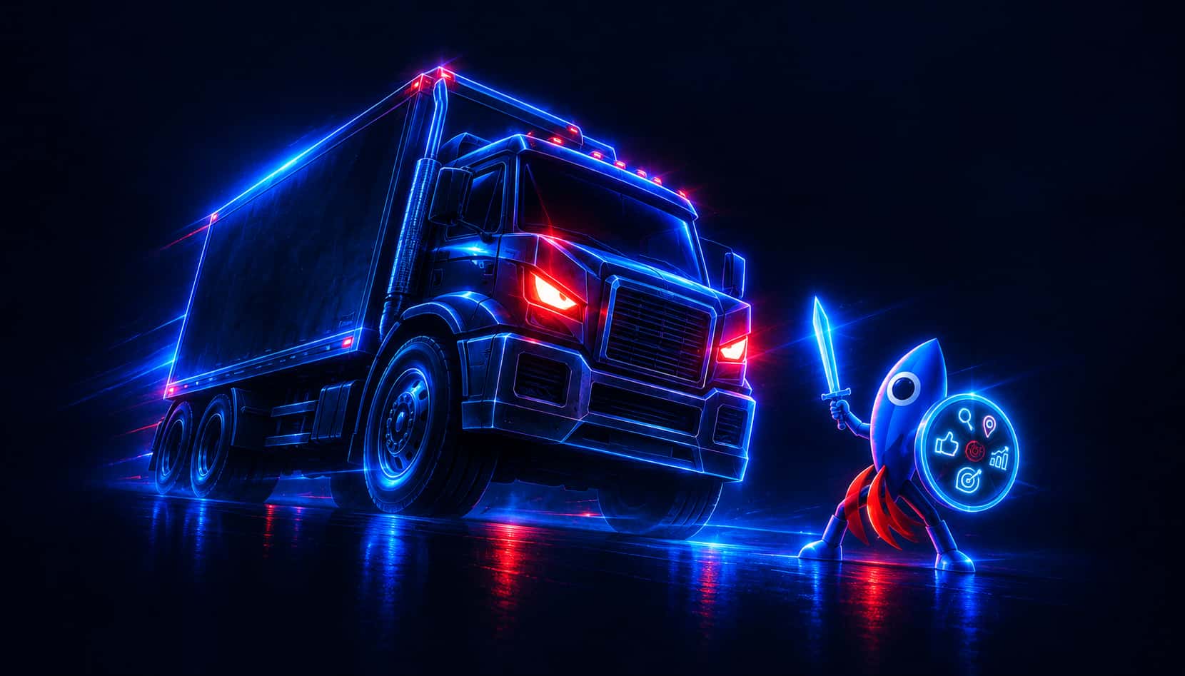 Small moving company mascot facing a giant moving truck, a David versus Goliath marketing strategy