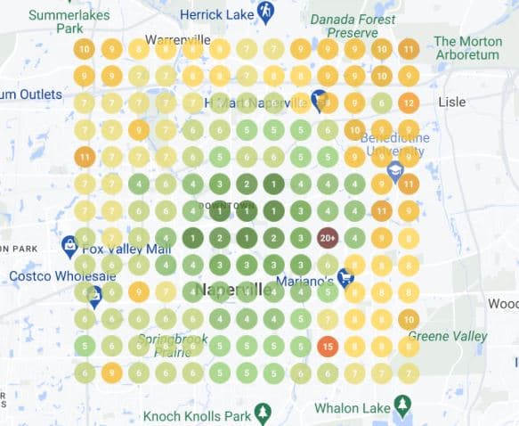 Geo grid scan showing a moving company's Google Maps ranking at each point across its service area