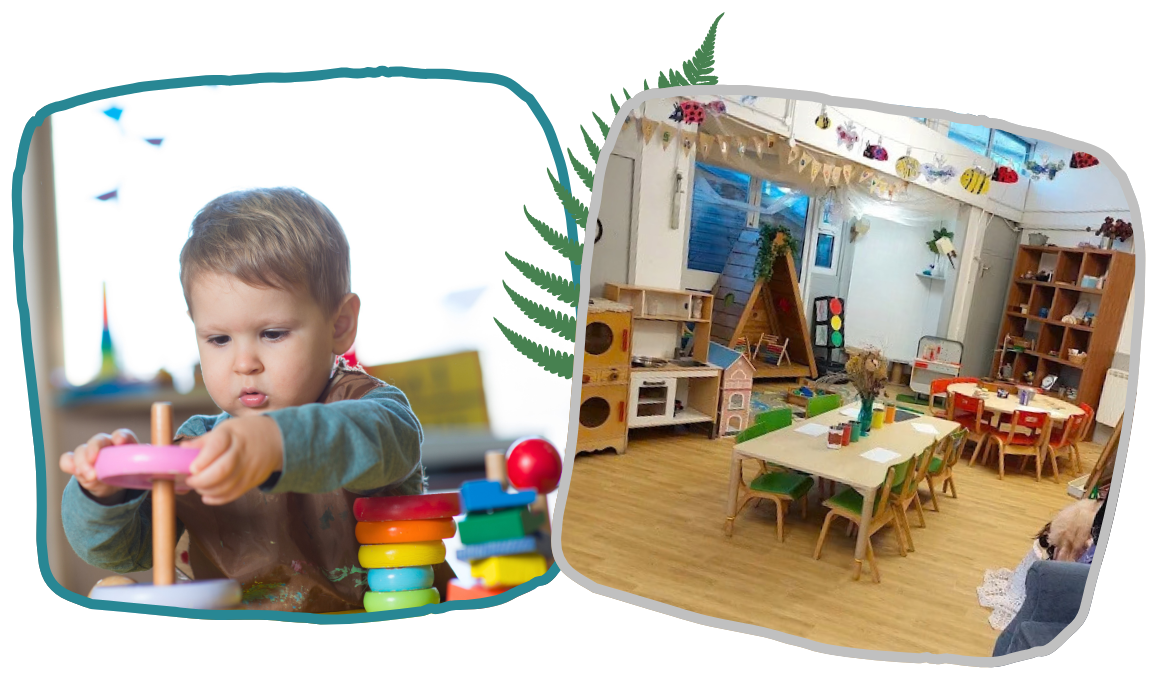 A collage shows a toddler stacking colorful rings on a toy and a bright classroom with small tables, chairs, shelves, and play equipment at nursery in Merryfield