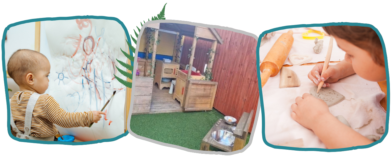 Three photos show a child holding a camera, a bright playroom with small tables and toys, and a child sticking out their tongue beside a pen at nursery in Castlemead