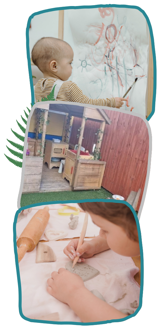 Three photos show a child holding a camera, a bright playroom with small tables and toys, and a child sticking out their tongue beside a pen at nursery in Castlemead