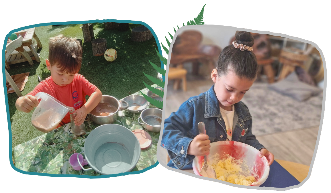 A collage shows a boy pouring liquid into a cup outdoors and a girl stirring yellow mixture in a bowl indoors.