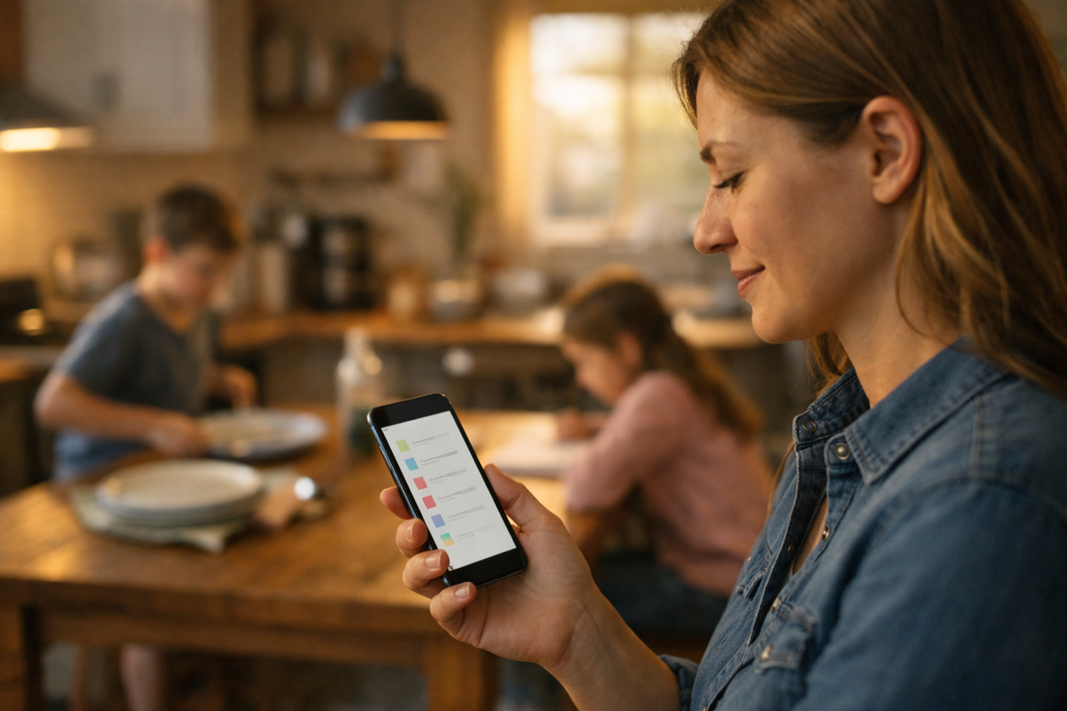 A phone showing a weekly dinner plan in a real kitchen with ingredients on the counter