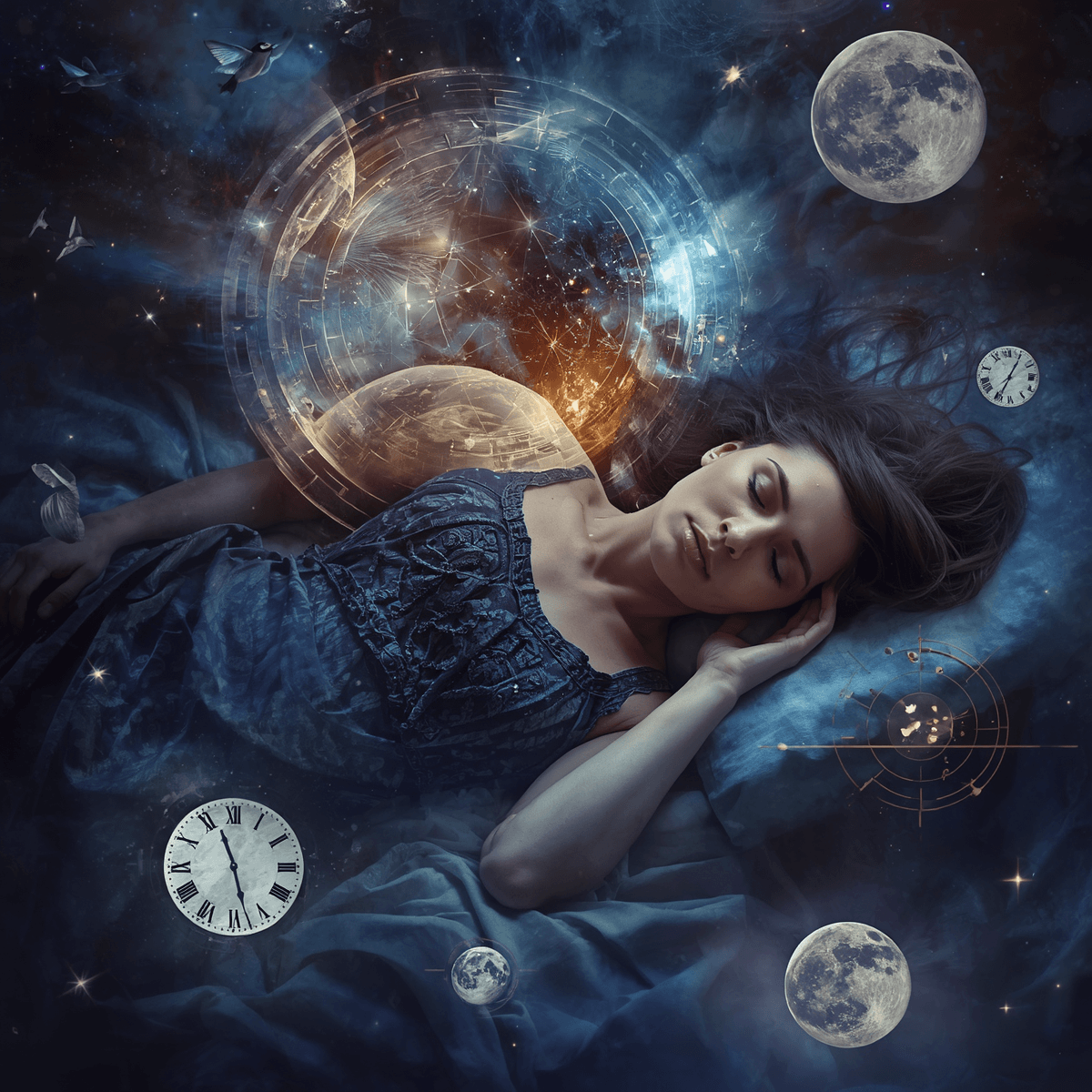 Une femme endormie ou entre veille et sommeil, entourée de visions oniriques intenses et prophétiques, des scènes de rêve surréalistes flottant autour d'elle comme des fenêtres vers le futur, symboles prémonitoires.jpg Une femme endormie ou entre veille et sommeil, entourée de visions oniriques intenses et prophétiques, des scènes de rêve surréalistes flottant autour d'elle comme des fenêtres vers le futur, symboles prémonitoires.jpg