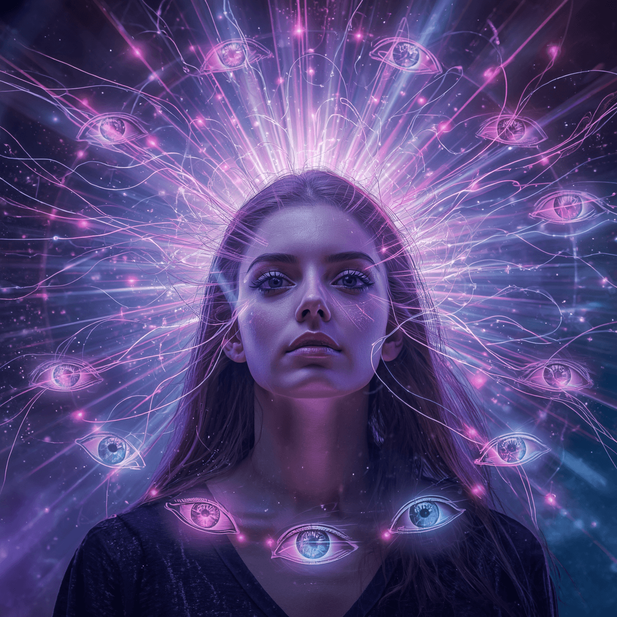 Une femme avec des capacités extrasensorielles, plusieurs yeux mystiques ouverts autour d'elle symbolisant la clairvoyance, des ondes psychiques et fréquences invisibles rendues visibles comme des vagues lumineuses Une femme avec des capacités extrasensorielles, plusieurs yeux mystiques ouverts autour d'elle symbolisant la clairvoyance, des ondes psychiques et fréquences invisibles rendues visibles comme des vagues lumineuses