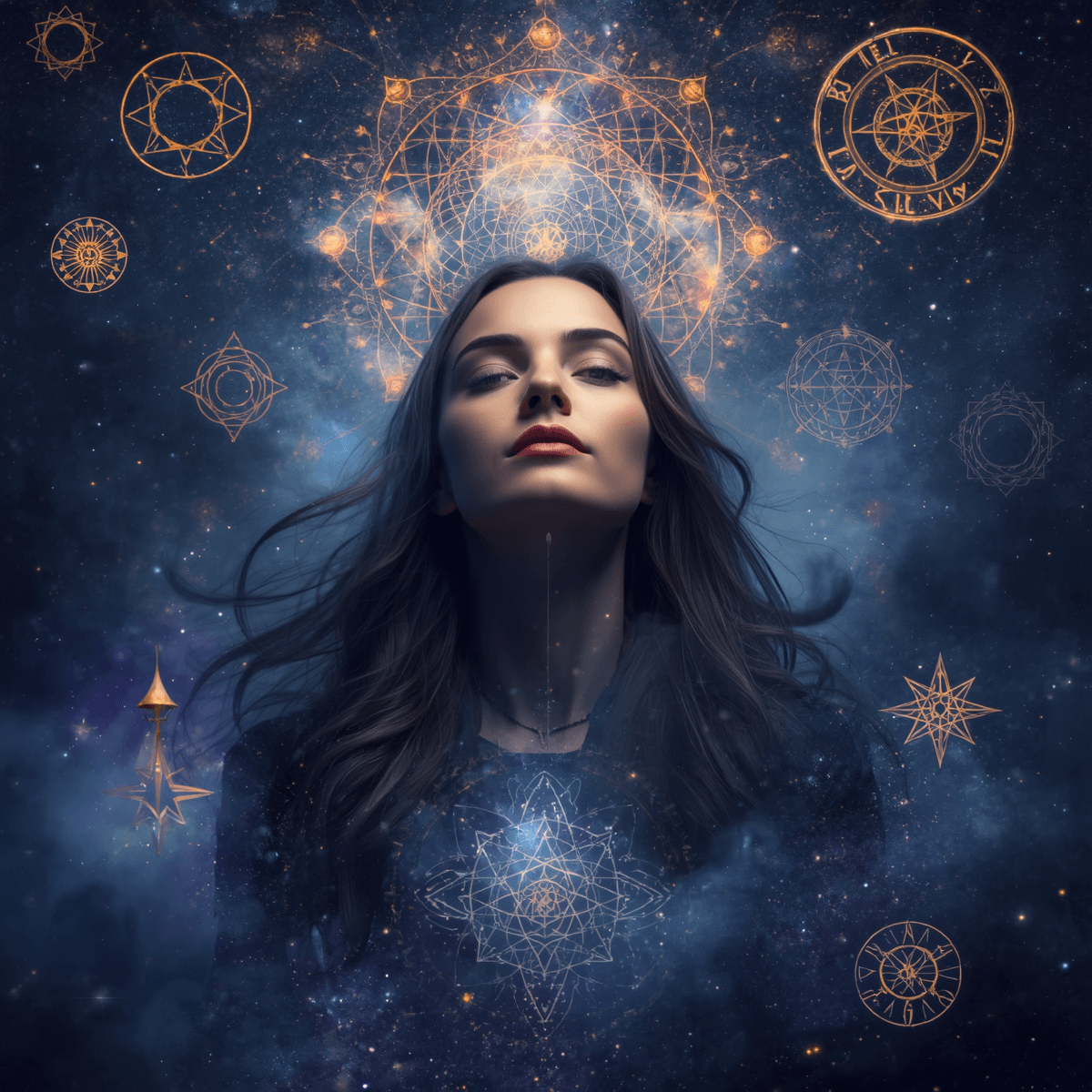 Une femme contemplative entourée de symboles mystiques et archétypaux flottants, des signes et glyphes anciens lumineux, des synchronicités visualisées comme des connexions lumineuses entre symboles, des messages Une femme contemplative entourée de symboles mystiques et archétypaux flottants, des signes et glyphes anciens lumineux, des synchronicités visualisées comme des connexions lumineuses entre symboles, des messages