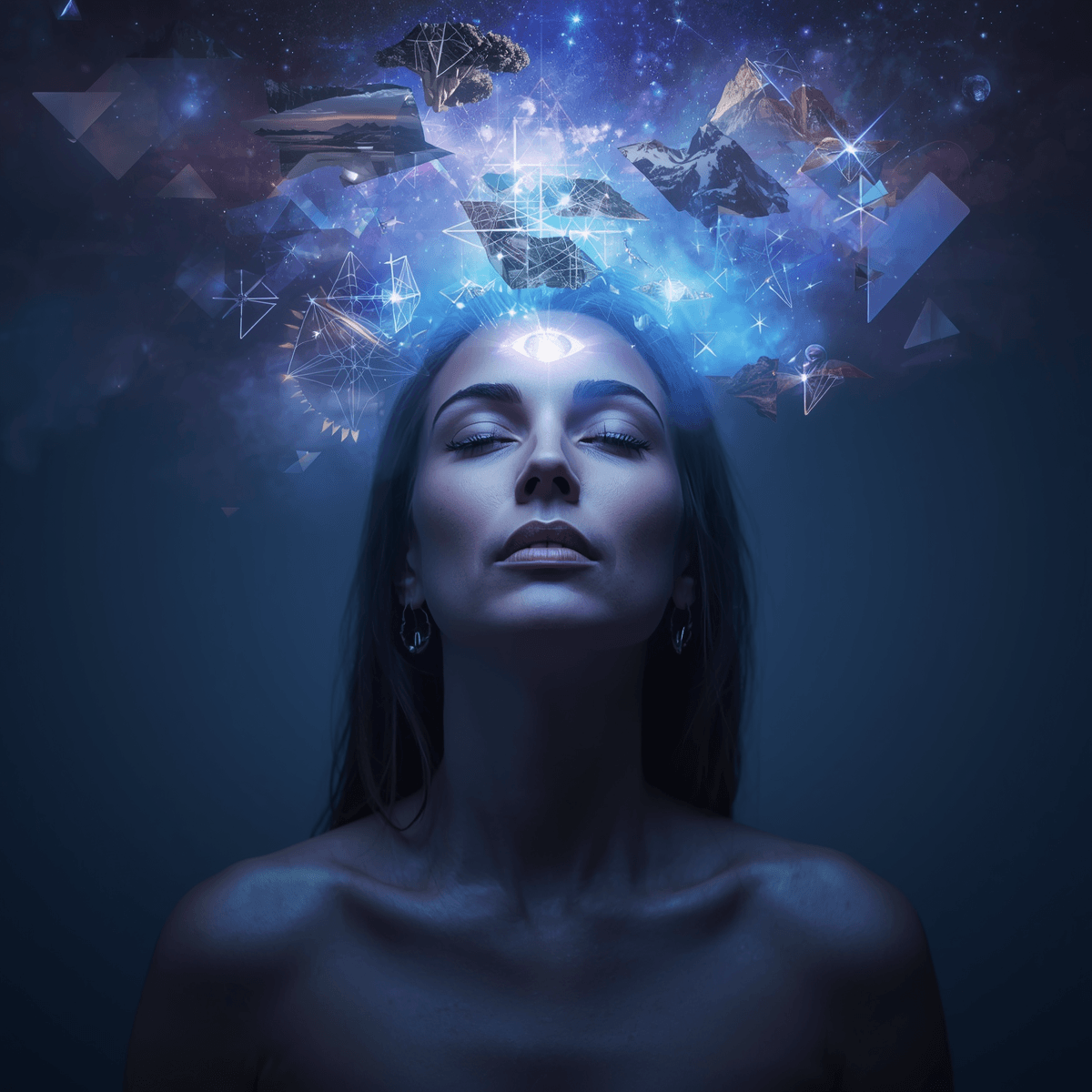 Une femme en méditation profonde avec un troisième œil lumineux sur son front, des visions et scènes oniriques émergeant de son esprit comme des projections holographiques, images fragmentées et symboles flottant Une femme en méditation profonde avec un troisième œil lumineux sur son front, des visions et scènes oniriques émergeant de son esprit comme des projections holographiques, images fragmentées et symboles flottant