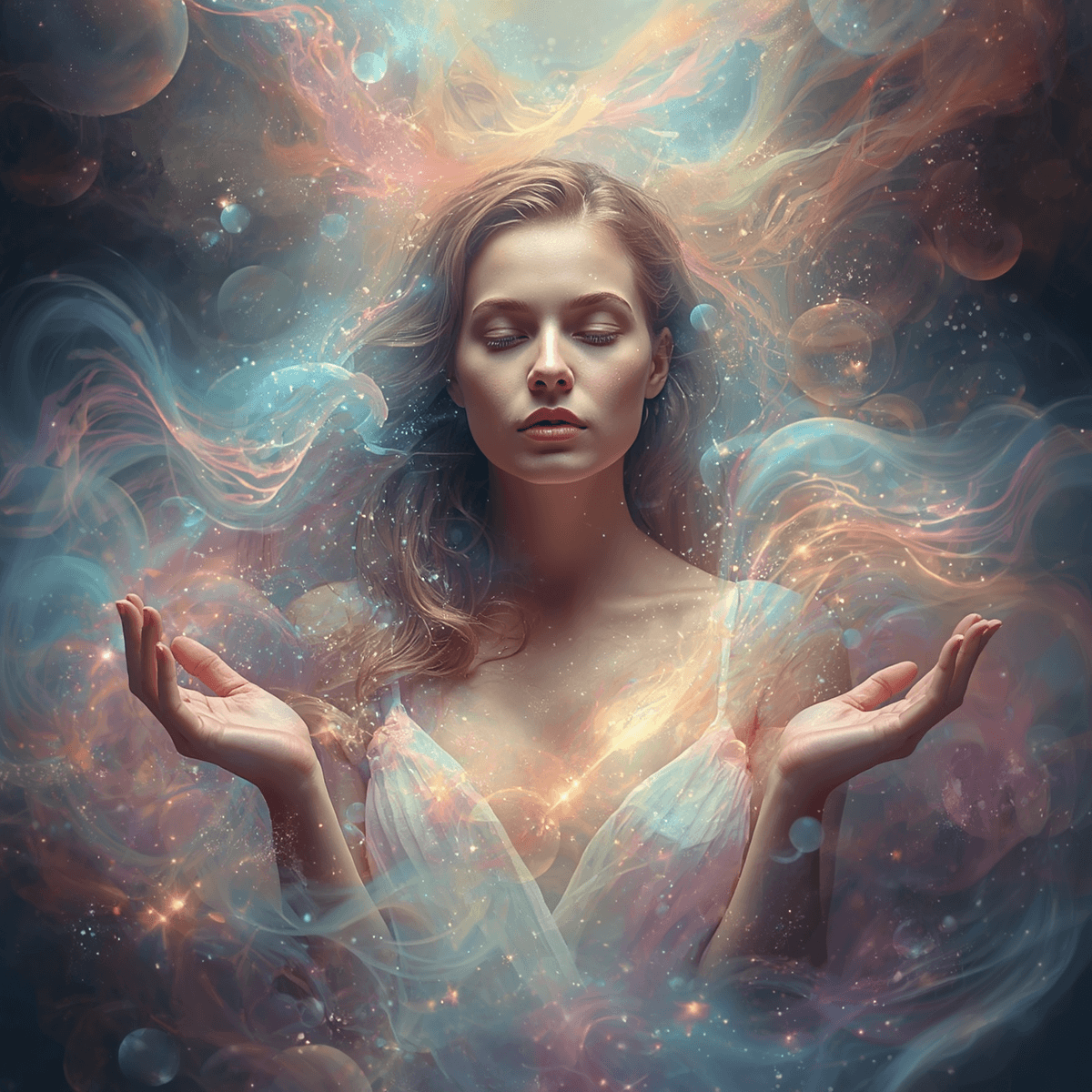 Une femme hypersensible entourée de vagues d'énergie colorées et fluides, des flux émotionnels visibles comme des auras multicolores, des particules lumineuses flottant autour d'elle, expression contemplative Une femme hypersensible entourée de vagues d'énergie colorées et fluides, des flux émotionnels visibles comme des auras multicolores, des particules lumineuses flottant autour d'elle, expression contemplative