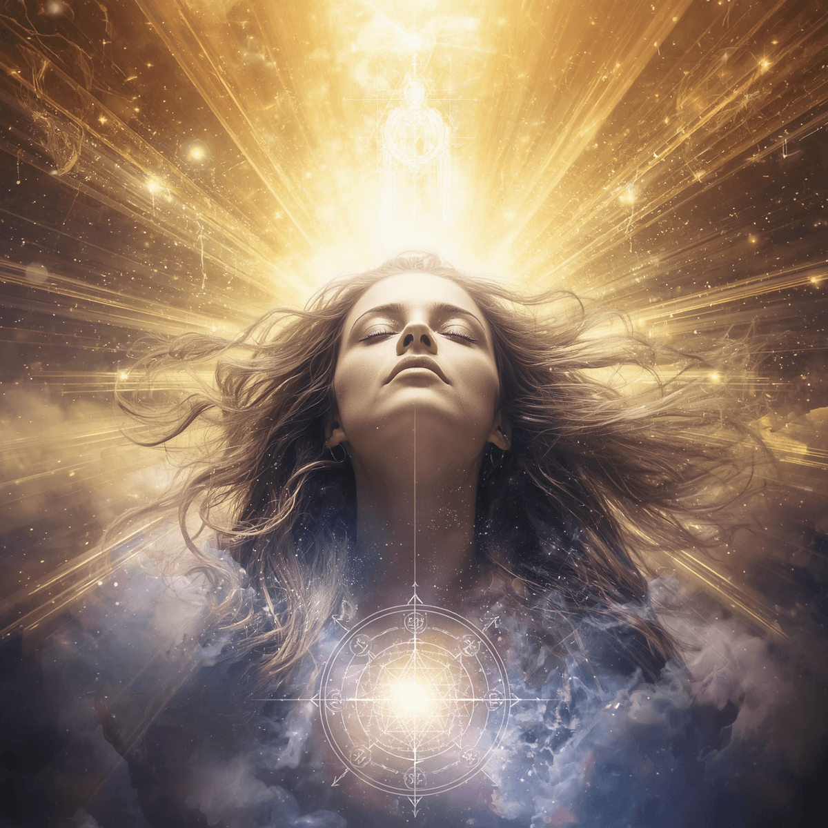 Une femme en état de révélation mystique, les yeux fermés ou levés vers le ciel, entourée d'une aura lumineuse dorée et blanche, des symboles sacrés et géométrie sacrée flottant autour d'elle, rayons de lumière Une femme en état de révélation mystique, les yeux fermés ou levés vers le ciel, entourée d'une aura lumineuse dorée et blanche, des symboles sacrés et géométrie sacrée flottant autour d'elle, rayons de lumière