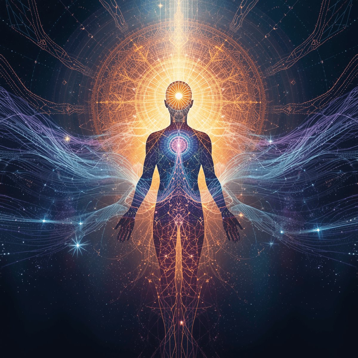 Une représentation visuelle abstraite et mystique d'une intuition extraordinaire, avec une silhouette humaine entourée d'énergie lumineuse, des motifs cosmiques, des connexions neuronales brillantes, un troisième œil Une représentation visuelle abstraite et mystique d'une intuition extraordinaire, avec une silhouette humaine entourée d'énergie lumineuse, des motifs cosmiques, des connexions neuronales brillantes, un troisième œil
