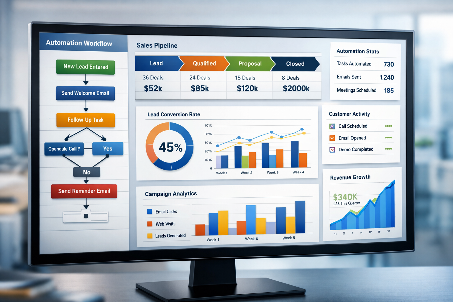 Dashboard interface of a CRM with automation displaying sales pipeline, workflow triggers, and customer analytics.