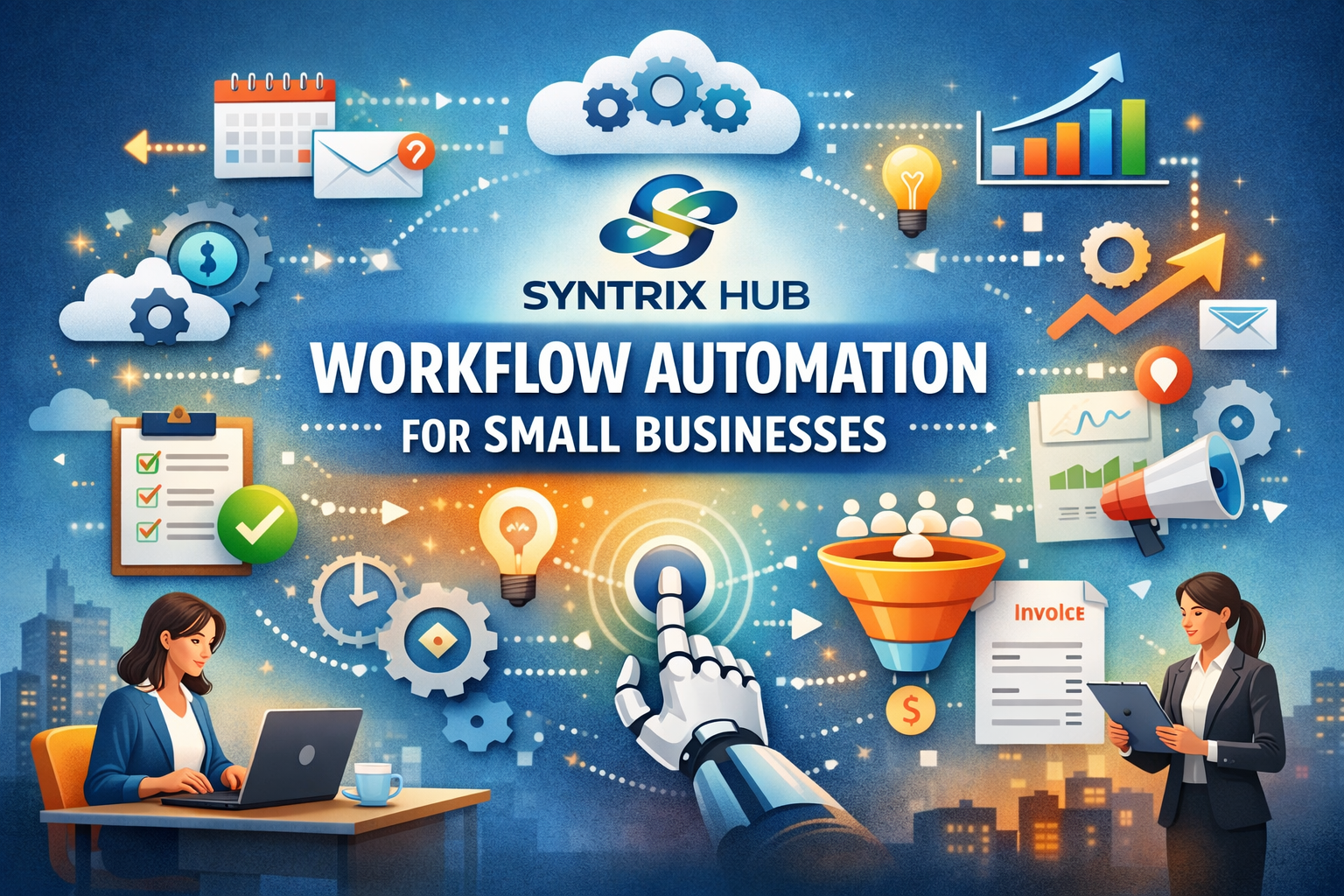 Workflow automation for small businesses with Syntrix Hub, featuring automation icons, charts, and professionals using laptops and tablets.