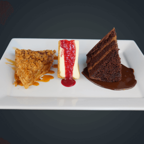 Celebration Plate 3 cakes: chocolate cake, homely apple pie, and luxurious cheesecake