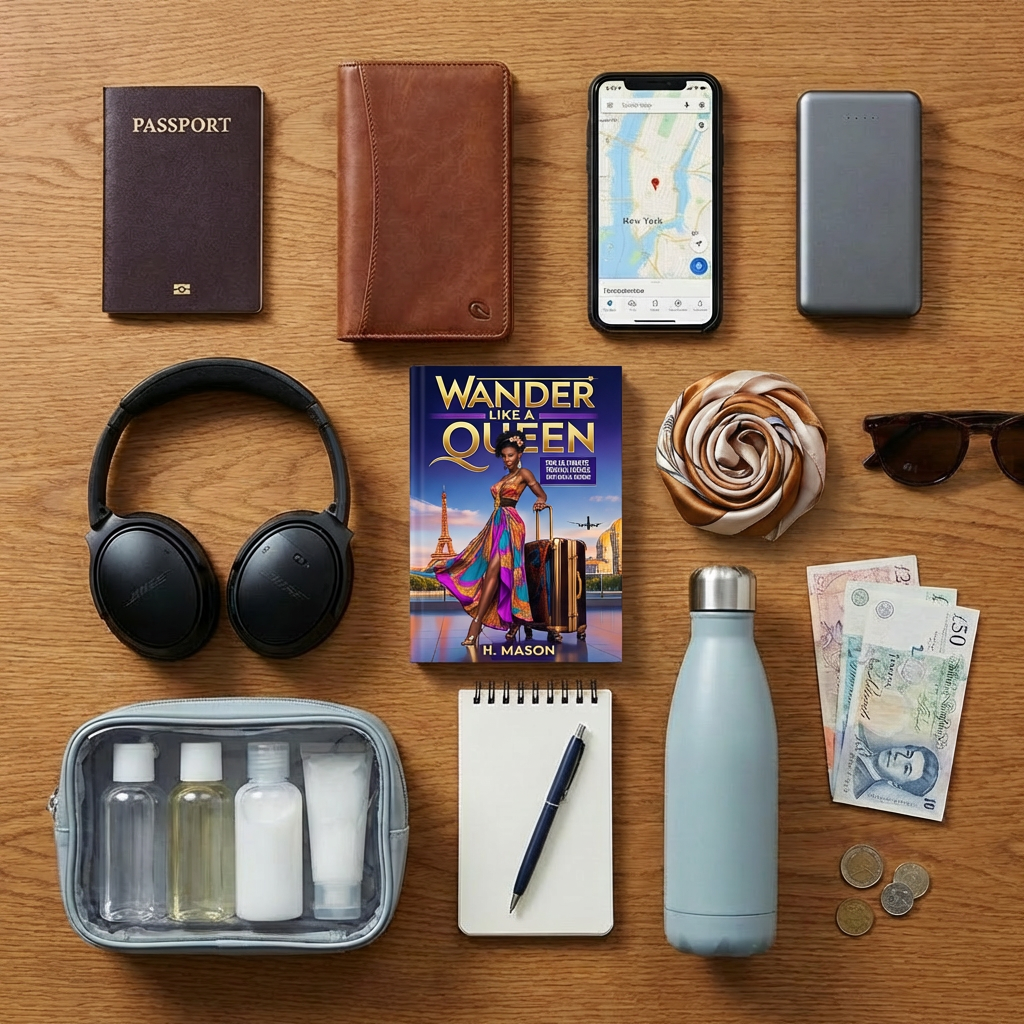 Woman reading Wander Like A Queen in airport lounge