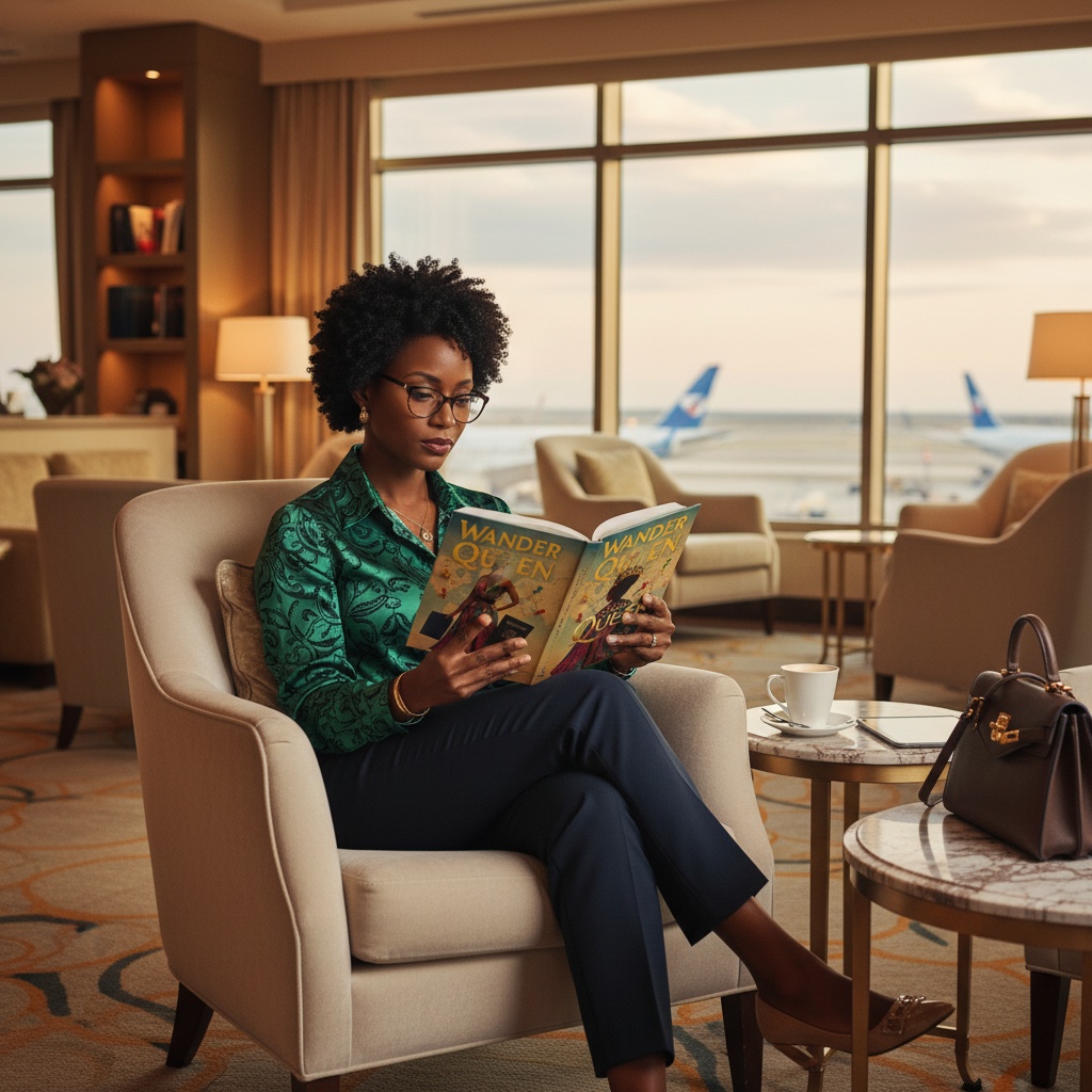 Woman reading in airport lounge