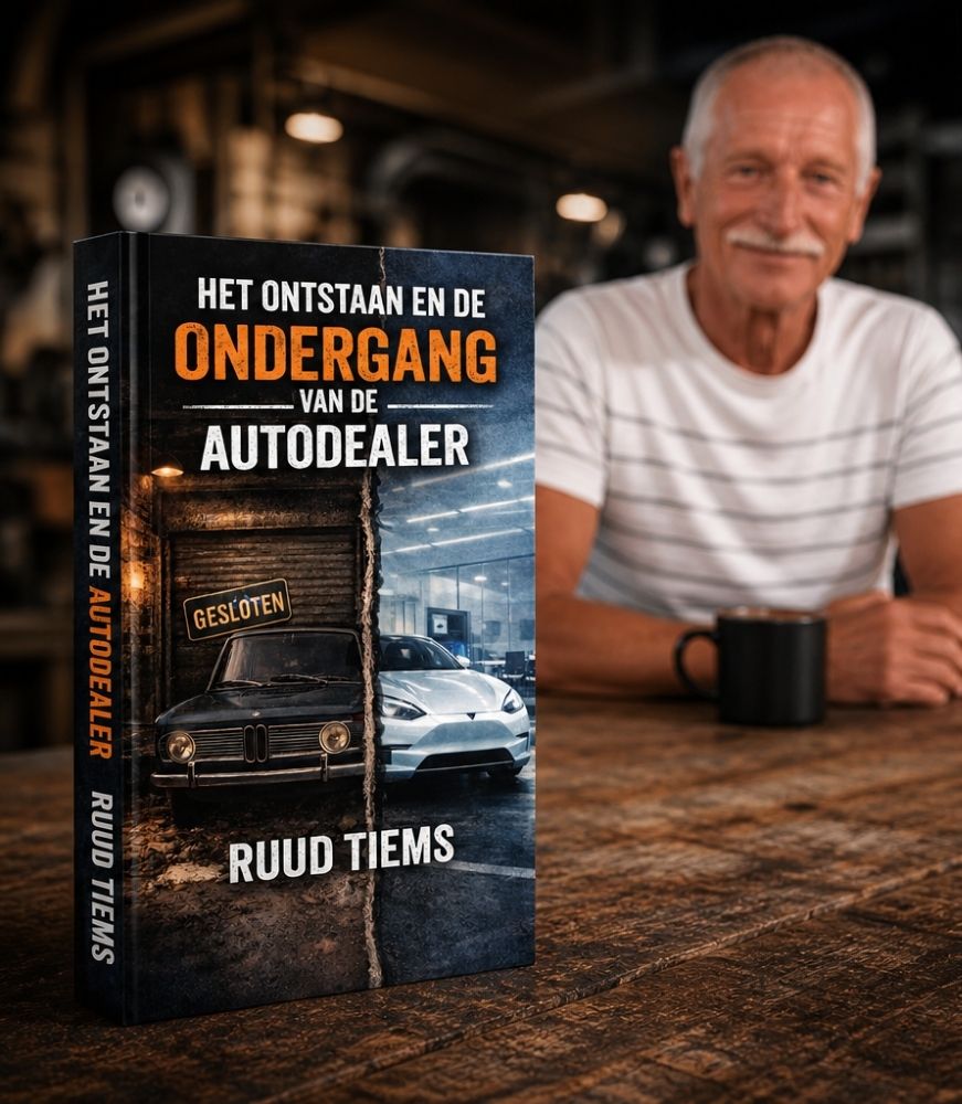 Auteur Ruud Tiems met zijn boek 'Het ontstaan en de ondergang van de autodealer' en een kop koffie.