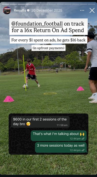 Instagram story showing Foundation Football on track for 16x return on ad spend