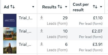 Meta ads results showing leads at £1.10, £2.07 and £3.91 per lead