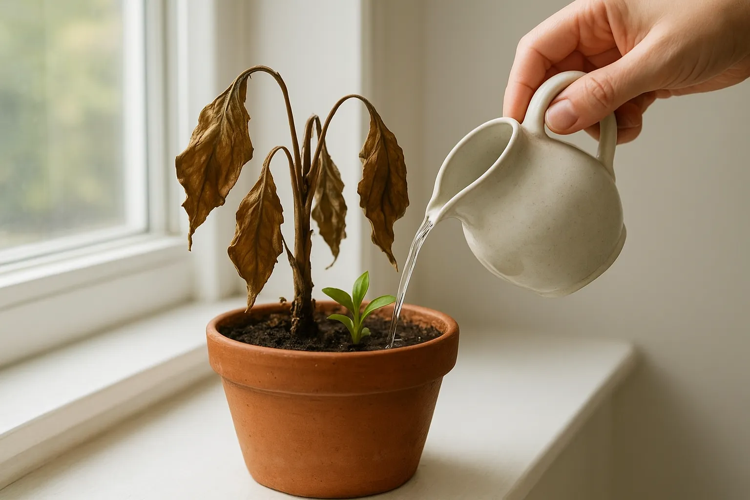 Watering a recovering plant on a bright windowsill Watering a recovering plant on a bright windowsill