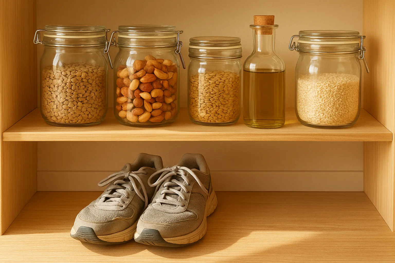 Plant-based pantry staples beside resting running shoes in sunlight Plant-based pantry staples beside resting running shoes in sunlight