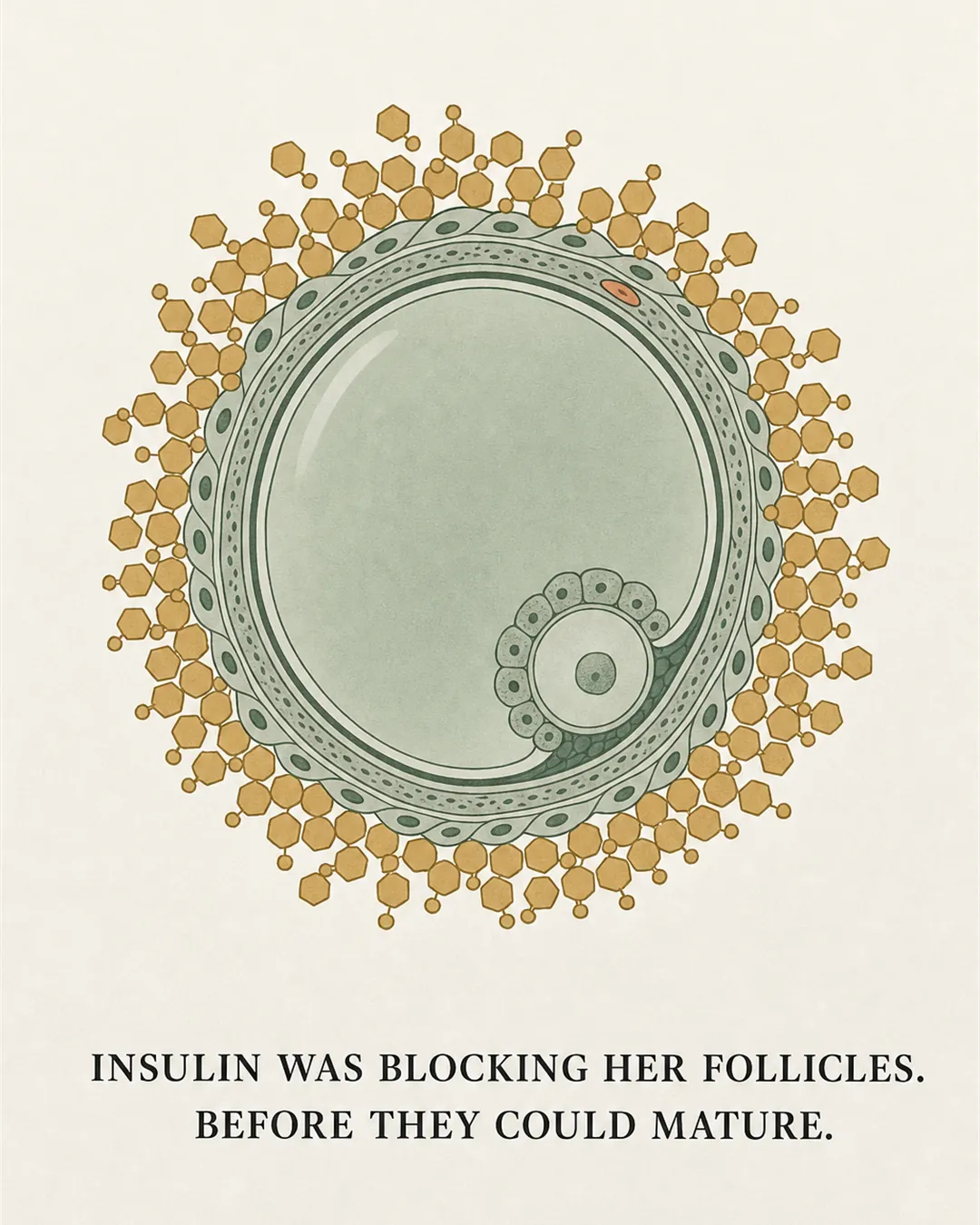 Illustration of an ovarian follicle crowded by insulin molecules before maturing