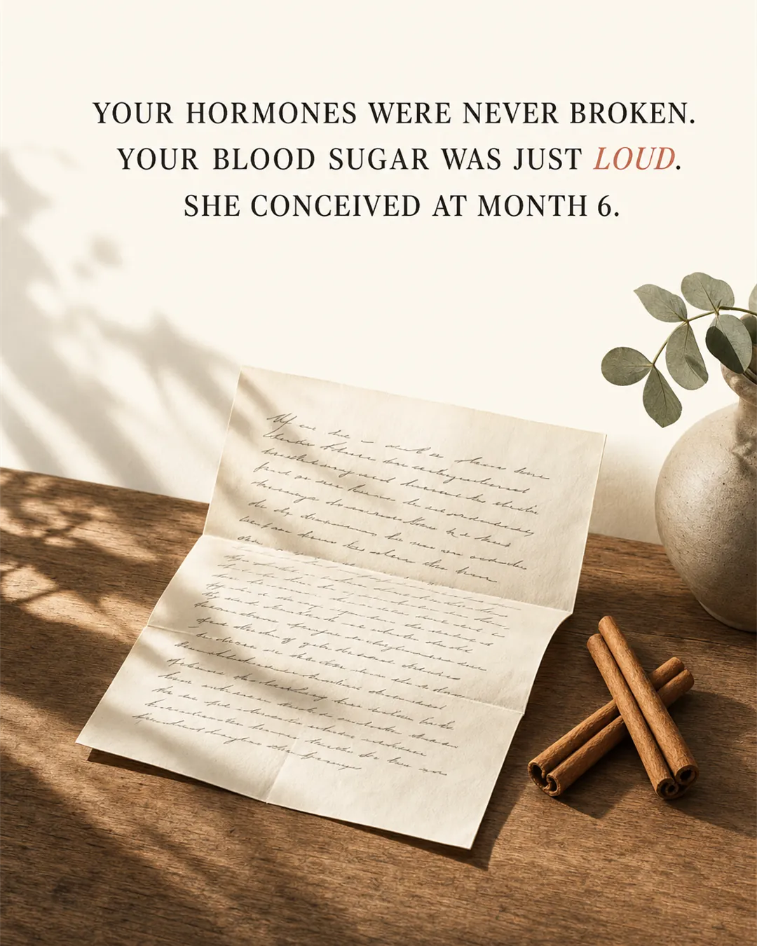 Handwritten letter beside cinnamon sticks on a warm oak surface