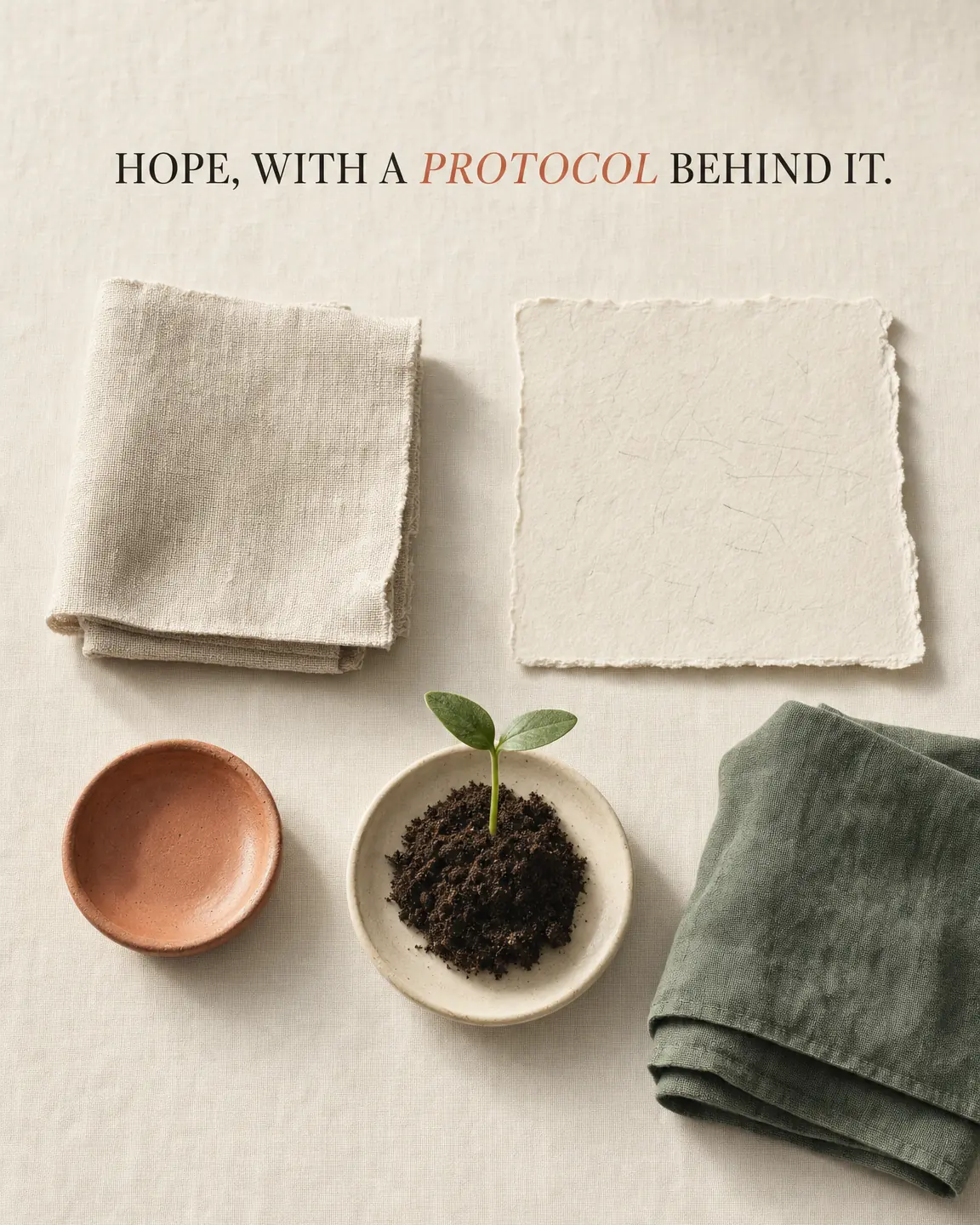 Mood board with linen, handmade paper, and a seedling in soil Mood board with linen, handmade paper, and a seedling in soil